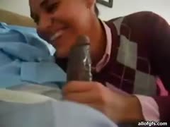 Chubby ebon eating the cum and engulfing the big knob